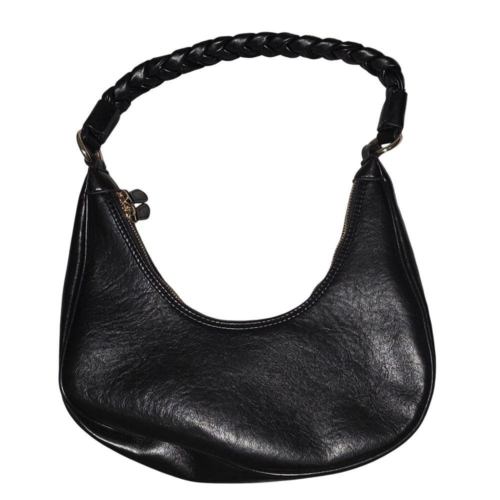 Antik Kraft‎ Black Vegan Leather Crescent Hobo Bag Braided Strap Gold Hardware